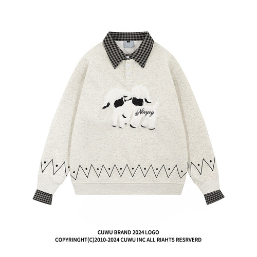 cuwu毛绒游牧小羊假两件polo领卫衣女男春季宽松休闲情侣翻领上衣