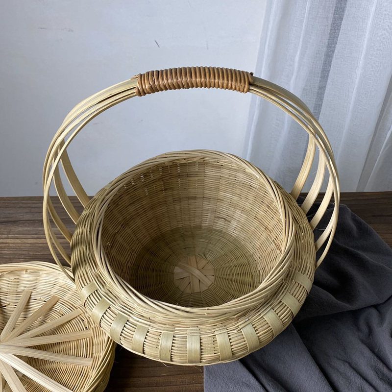 竹制品竹编篮子手提盖篮圆形有把手装饰天然环保复古