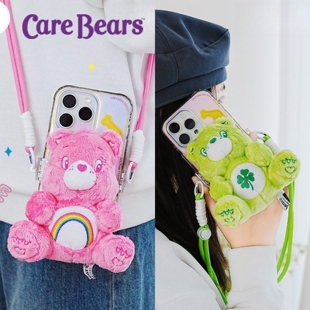 正版carebears爱心小熊手机背夹挂绳可爱卡通彩虹熊毛绒公仔玩偶