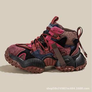 欧货厚底老爹鞋网红超火拼色运动鞋2025夏季新款真皮休闲高帮男鞋