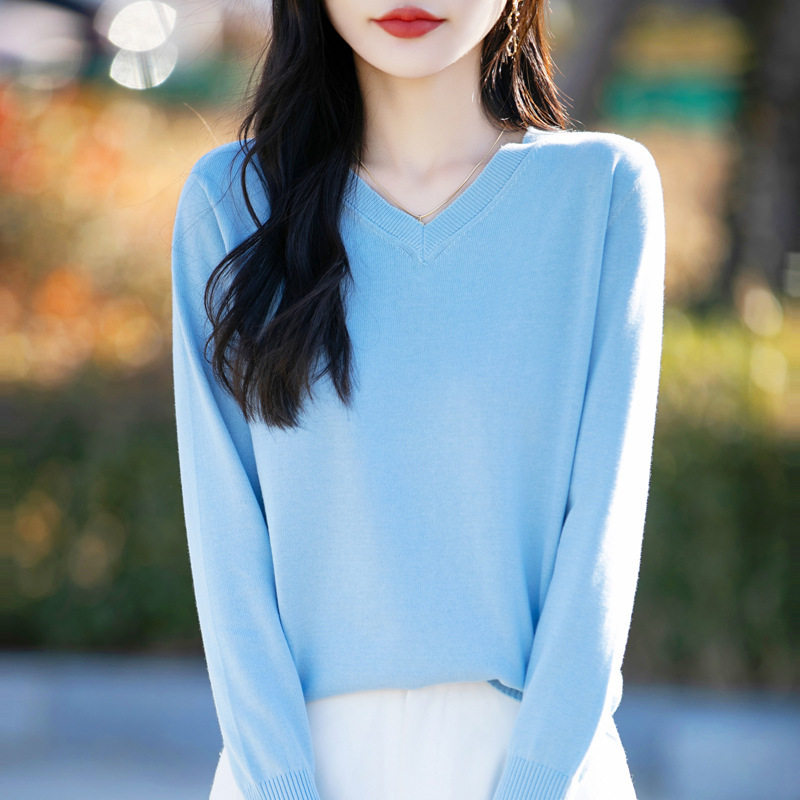 不起球纯棉线V领打底衫女宽松针织长袖毛衣春秋新款全棉薄款上衣