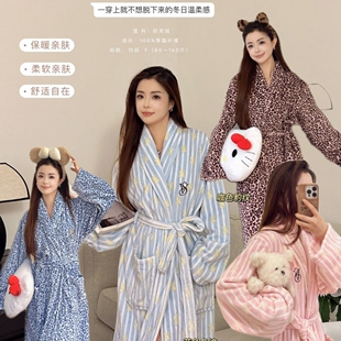 秋冬季新款女士牛奶绒休闲舒适印花V领绑带长袍家居服睡袍可外穿