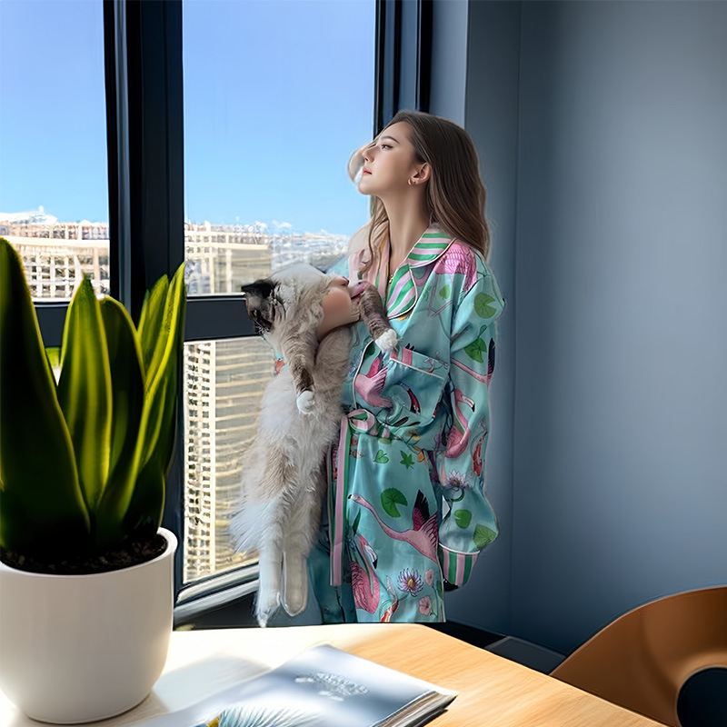 春季新款火烈鸟冰雪丝睡衣可外穿丝滑高级感冰丝家居服女套装批发