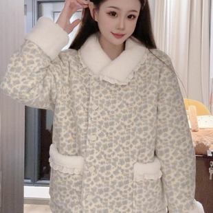 韩版法式复古碎花夹棉睡衣女冬季新款保暖加绒加厚家居服套装外穿
