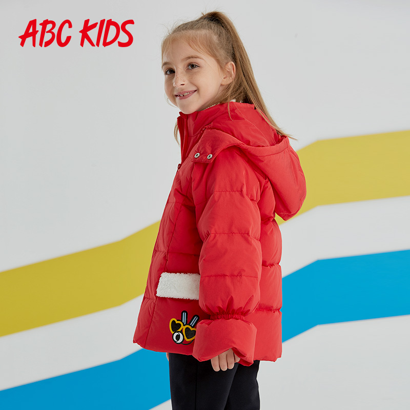 abckids品牌儿童装冬季小女孩子保暖连帽外套女童红色加厚羽绒服