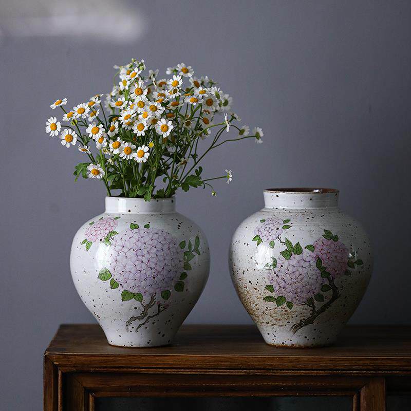 陶美集景德镇手工花瓶手绘花卉粗陶禅意覆古做旧陶罐干 干燥花水