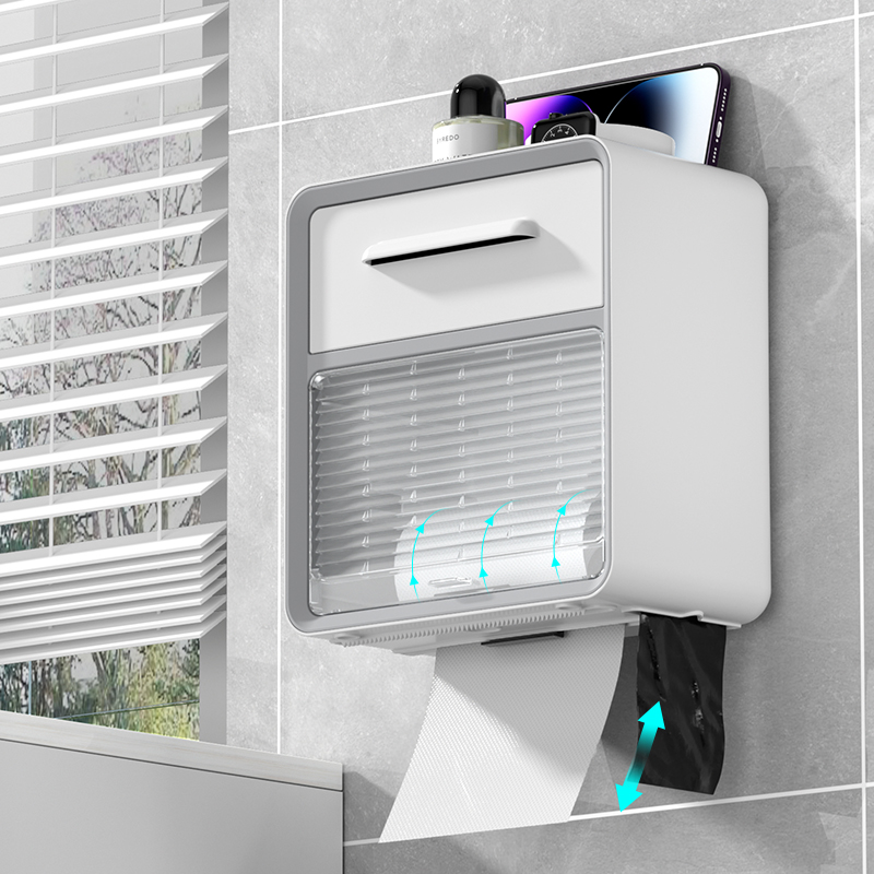 卫生间纸巾盒墙面免打孔厕纸盒卷纸架抽纸盒防尘壁挂式手纸置物架