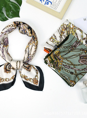 时尚简约70cm黑色链条女士小方巾上海故事氛围小丝巾领巾