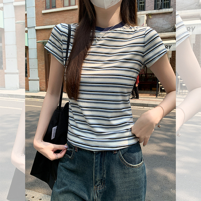 复古撞色条纹内搭修身正肩短袖女