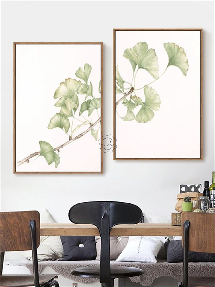 现代简约银杏叶双联装饰画餐厅书房绿植挂画卧室床头画客厅