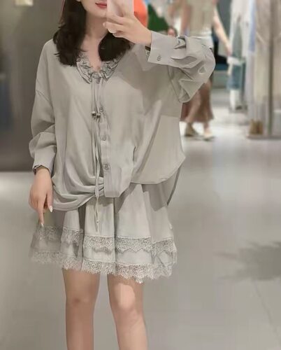 E1深圳南油设计师品牌2026夏季新款韩版时尚宽松抽绳长袖衬衫短裤