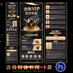 黑金风H5长图vip权益会员卡优惠活动详情页海报psd素材模板设计