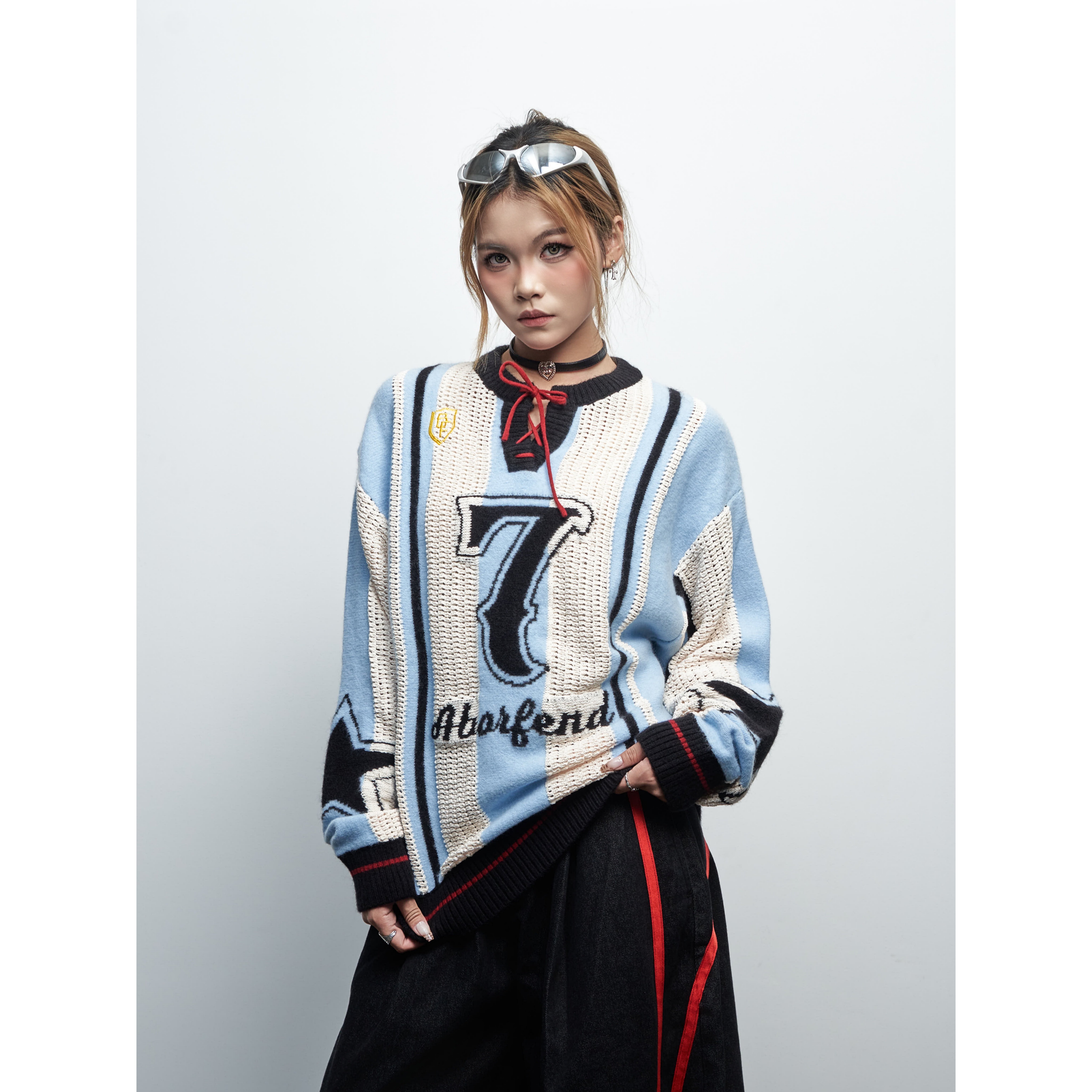 SAIMT美式复古领绑带毛衣男女宽松条纹球服针织衫,女装/女士精品,毛衣,淘宝优惠券,粉丝福利购,淘宝优惠卷