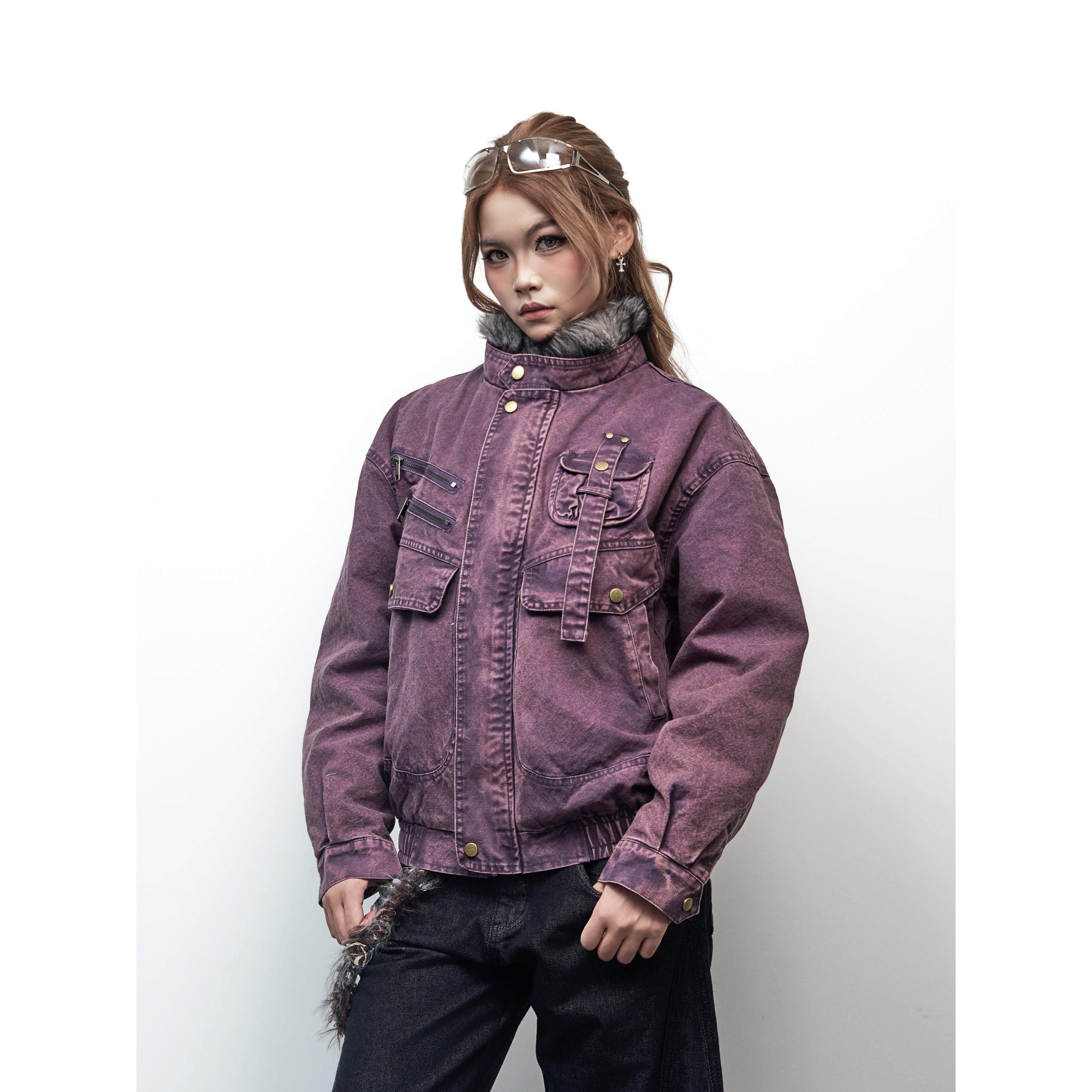 SAIMT美式复古立领工装夹克女街头宽松百搭紫色外套夹棉棉服设计