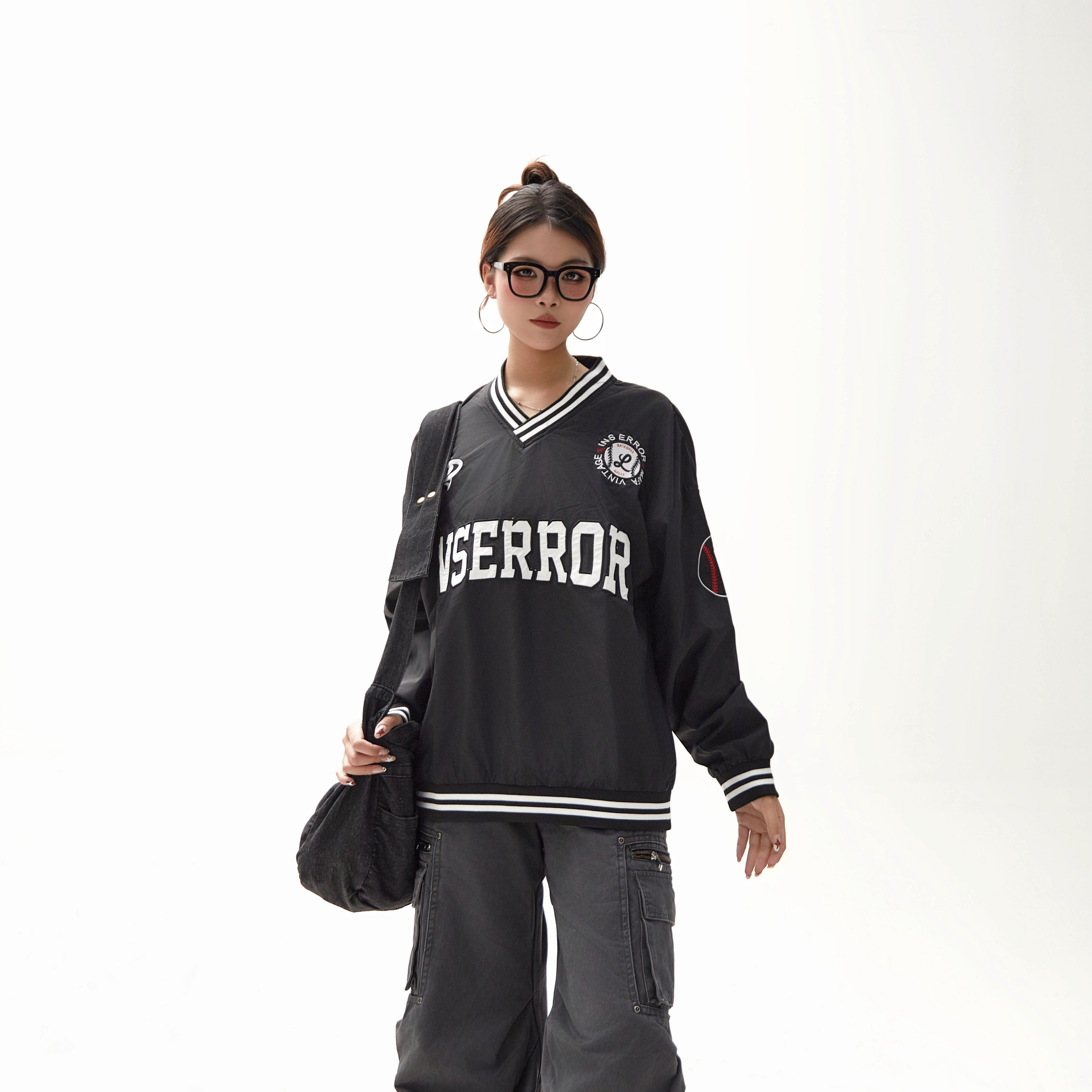 SAIMT美式复古街头棒球服v领卫衣hiphop套头上衣街头字母学院风潮