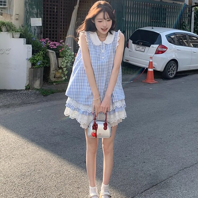 日系甜美清新学院风格子花边背心拼接连衣裙小个子无袖蓝色格纹裙