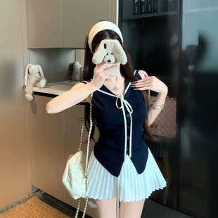 【冰爽丝洗水】学院风海军领撞色系带针织衫夏季修身甜美百搭上衣