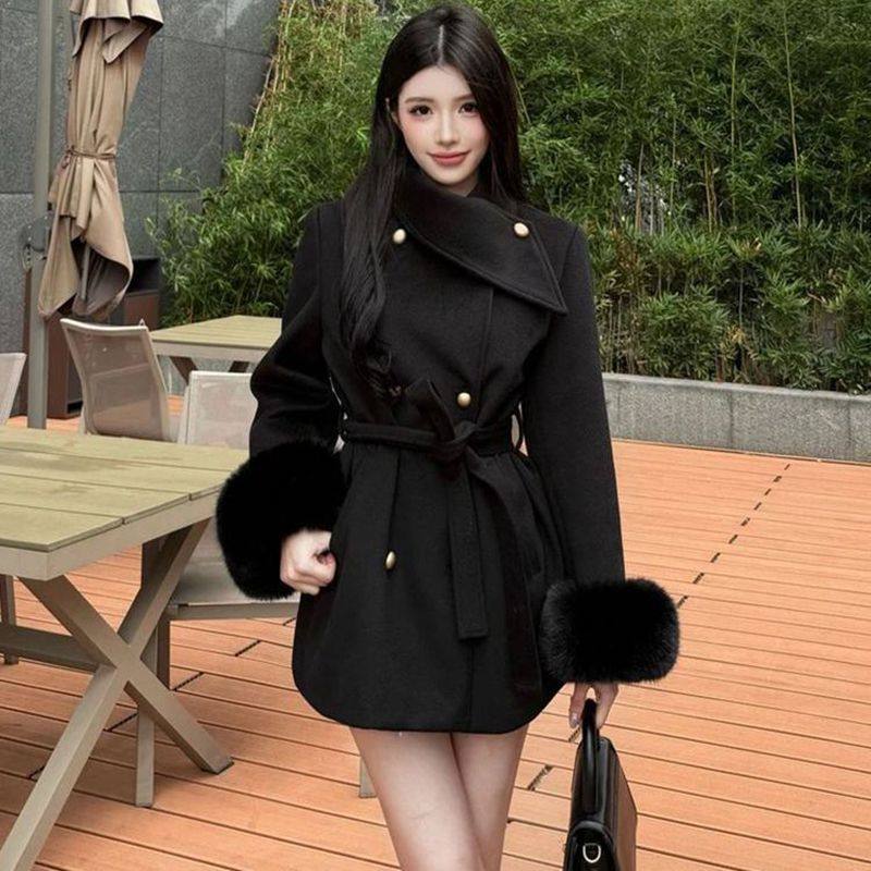 名媛风别致毛呢大衣女装2026冬季新款千金感毛毛袖口收腰显瘦外套,女装/女士精品,大码呢大衣,淘宝优惠券,粉丝福利购,淘宝优惠卷
