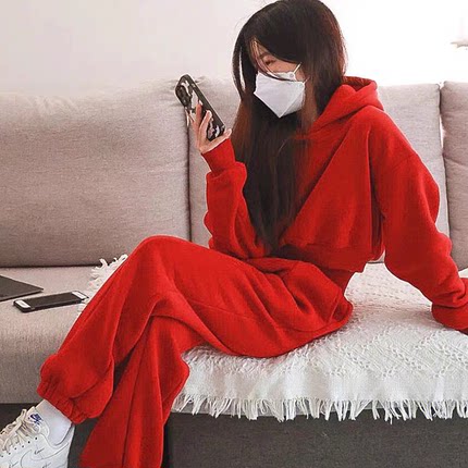 迎新年休闲套装女2024新款爆款秋冬加厚加绒洋气高档红色卫衣套装