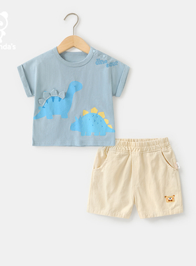 咔咔熊猫婴儿衣服男童男宝宝女宝宝儿童蓝灰短袖套装夏薄款YZ115