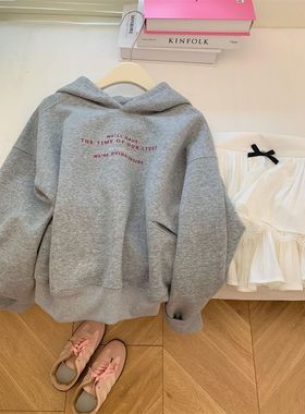 加绒加厚灰色正肩套头长袖卫衣女小个子宽松连帽衫韩系慵懒风秋冬