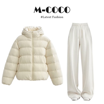 parkyeon韩系奶呼呼泡芙云朵连帽棉服外套冬季棉衣休闲裤两件套