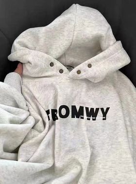 浅灰色连帽卫衣女加绒加厚秋冬美式高街oversize复古字母上衣外套