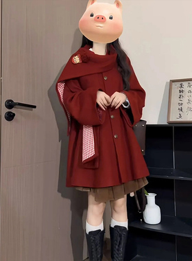 韩系设计感红色斗篷毛呢外套女秋冬季2025新款小个子短款呢子大衣