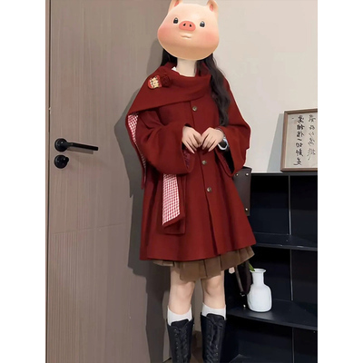韩系设计感红色斗篷毛呢外套女