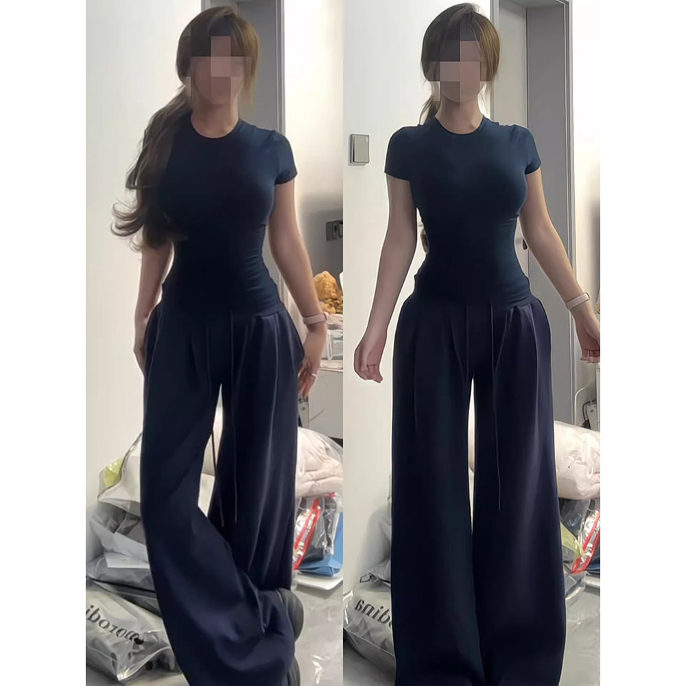 美式藏青运动裤女2025新款秋季低腰垂感宽松卫裤慵懒拖地阔腿长裤