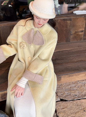 法式优雅娃娃领奶黄色毛呢外套女秋冬季高级感气质中长款呢子大衣