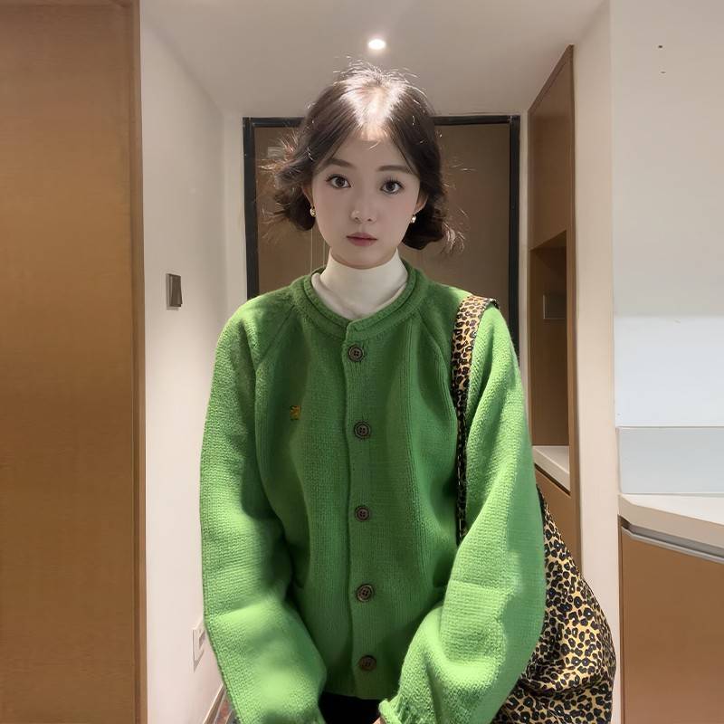 韩系绿色森系春穿搭插Dbn-3716肩针织开衫款外搭2毛衣女205新季慵