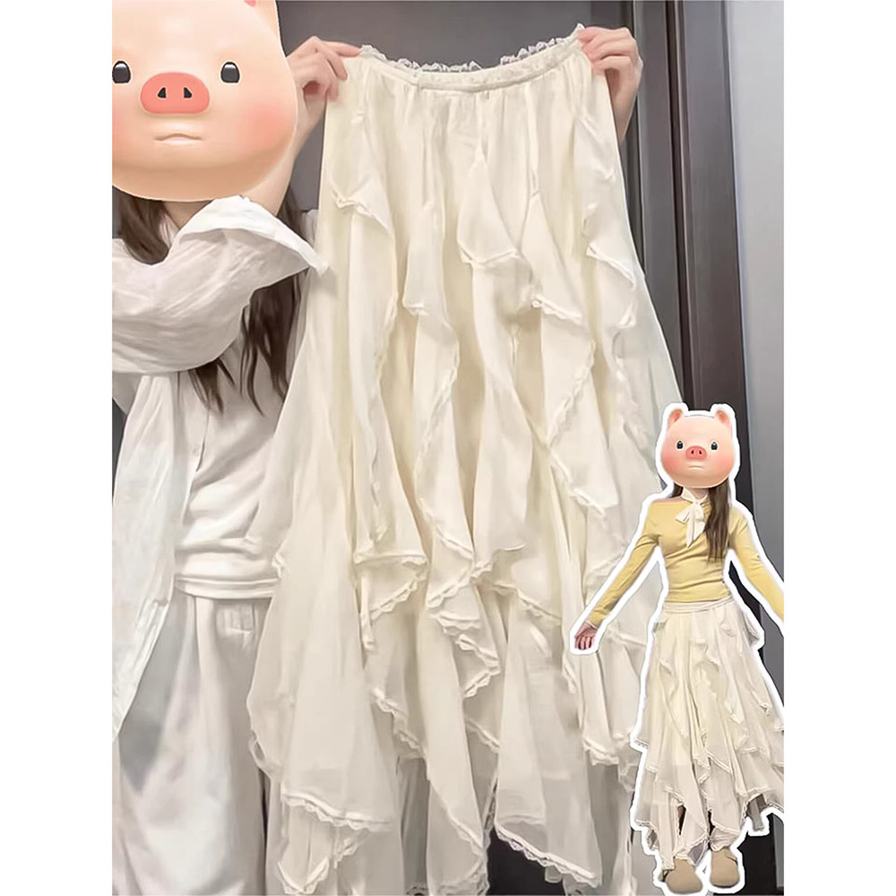 白色不规则蕾丝中长半身裙女春2026新款仙女风遮胯高腰显瘦A字裙