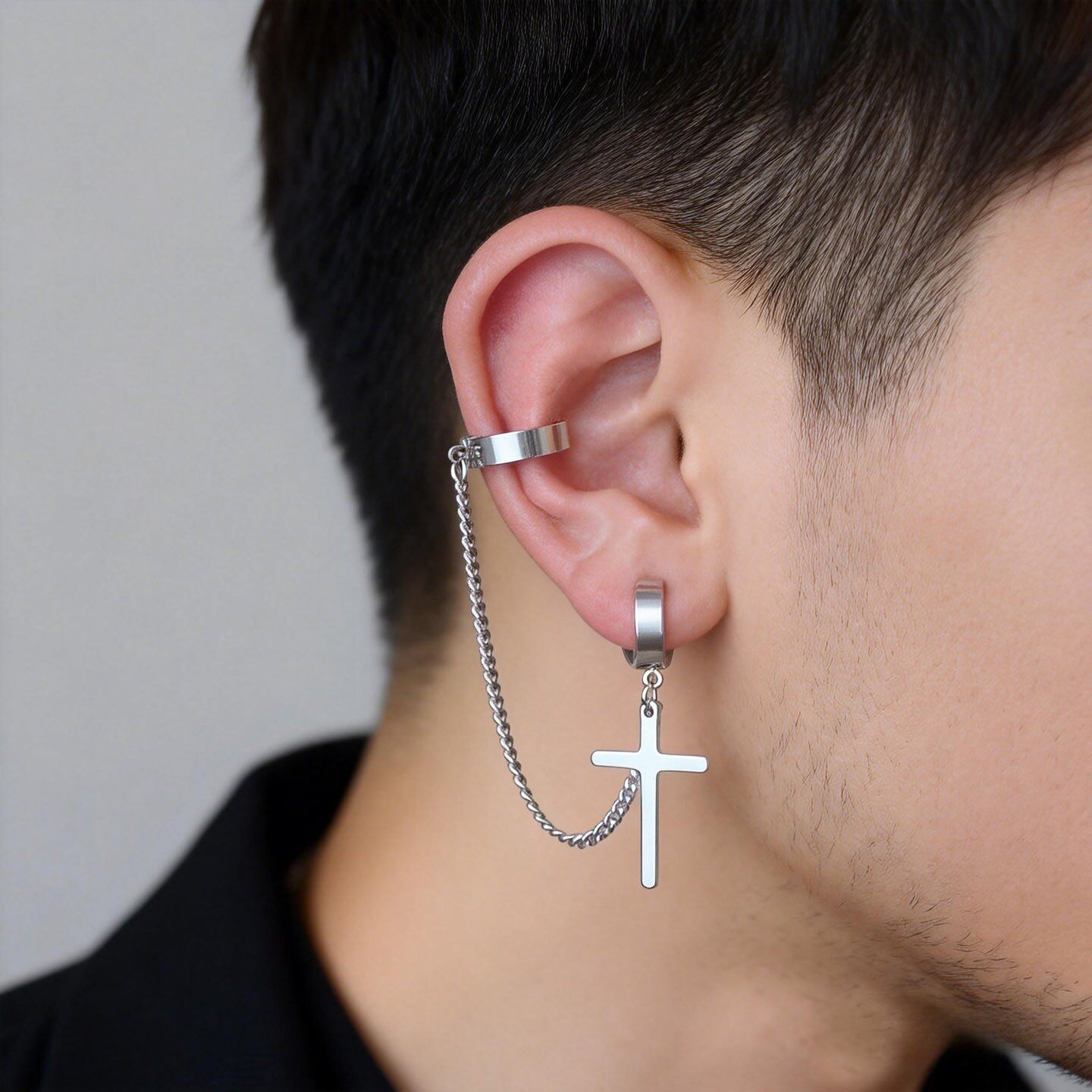 欧美复古十字架耳环男一体式耳圈链条日韩嘻哈无耳洞耳骨夹女耳坠