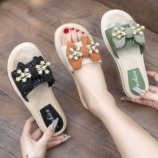 蝴蝶结一字拖女士凉拖鞋夏季外穿时尚厚度舒适百搭花朵沙滩凉拖鞋
