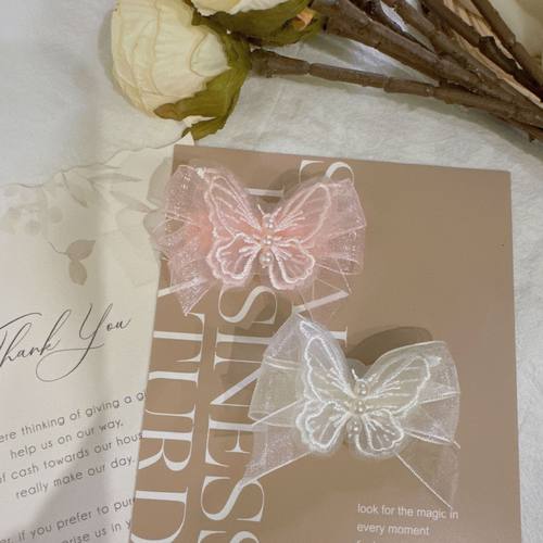 超仙网纱蝴蝶珍珠发夹女氛围感森系少女仙美侧边碎发夹子编发头饰