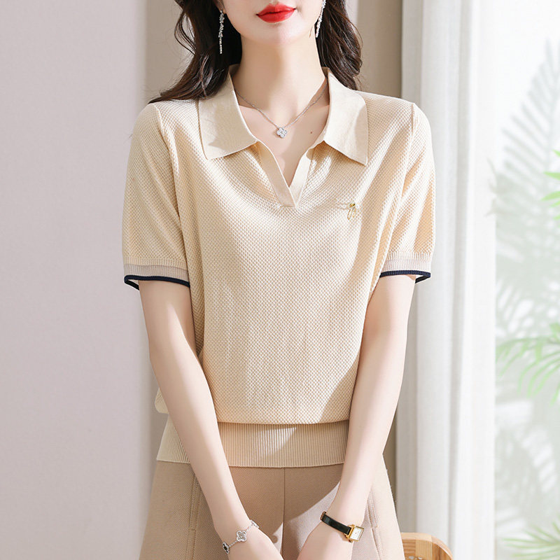 polo领冰丝短袖t恤女装2026新款年轻妈妈夏装上衣翻领天丝针织衫