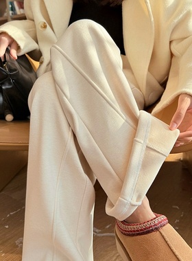 ROVJE CALLIE&OEAS白色宽裤女秋冬新款垂感加绒显瘦休闲直筒裤