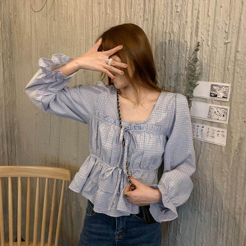 2020秋季新款洋气格子百搭方领衬衣皱褶绑带网红泡泡袖长袖衬衫女|ruв категории плесень играть/Аниме/вокруг/cos/настольные игры, Косплей одежды/реквизит/услуги, Косплей женской одежды - от Buy2taobao.com для оказания профессиональной услуги покупки агента Taobao