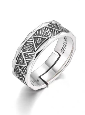 复古上帝之眼戒指男款潮流个性开口指环做旧冷淡风三角形眼睛男戒