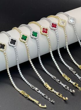 新款微镶锆石满钻圆形四叶草卡扣手链网球链小众设计感