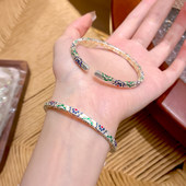 新中式 国风宝相花手镯女开口描金珐琅纯银镯子情人节礼物