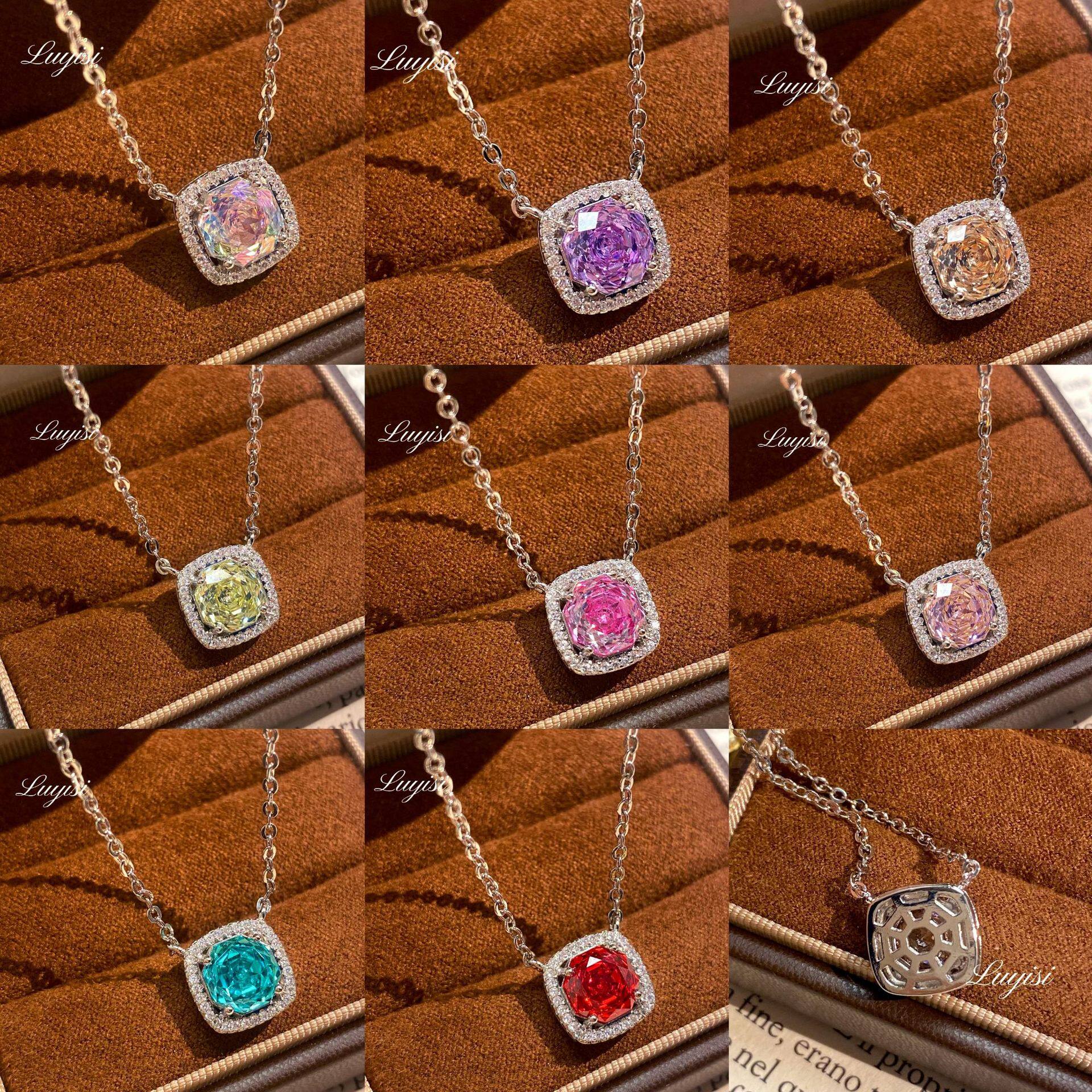 八角千禧玫瑰切帕拉伊巴吊坠项链女镶嵌高碳钻炫彩钻玫瑰花锁骨链