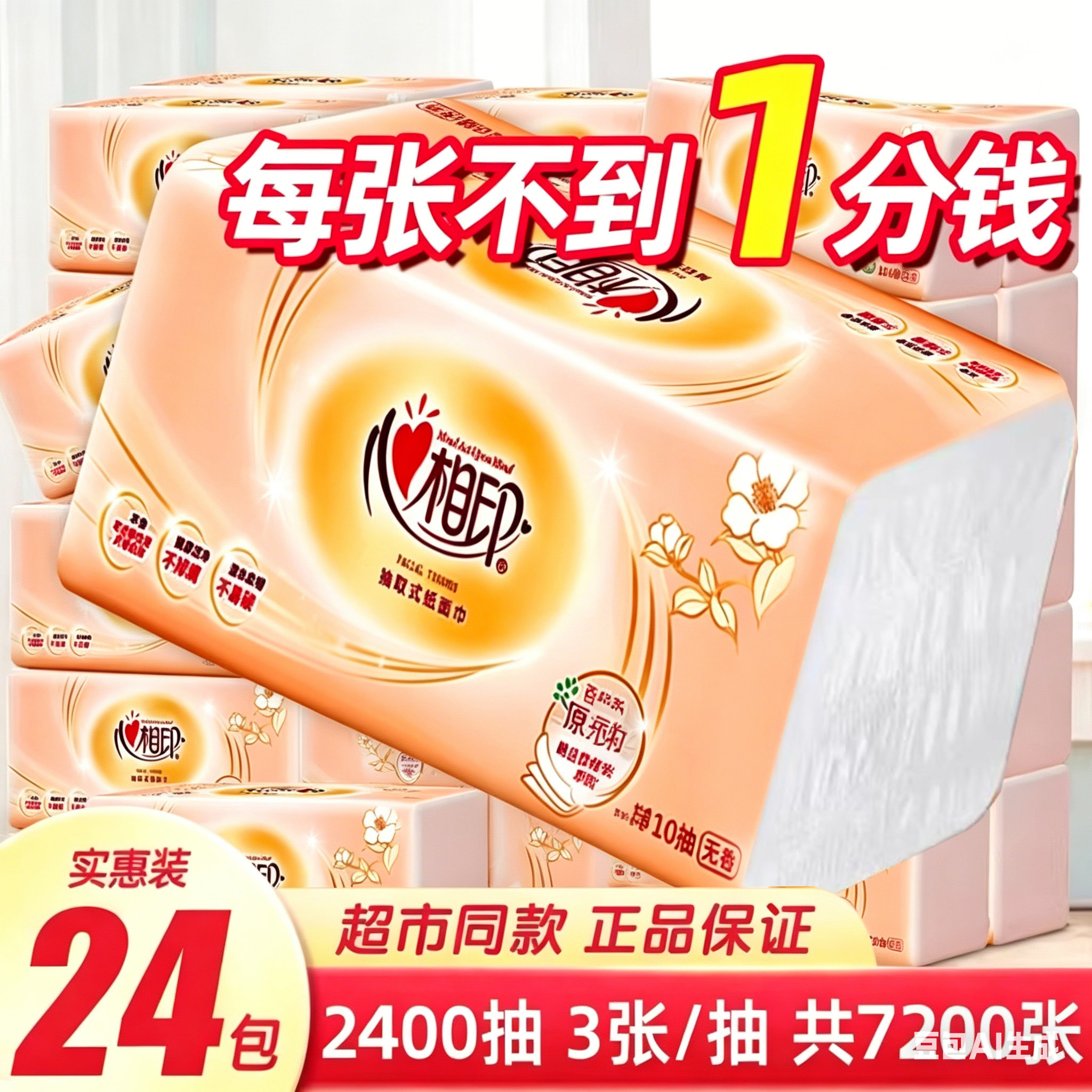 心相印抽纸整箱批发实惠装纸巾家用大尺寸婴儿面巾纸木浆纸餐巾纸