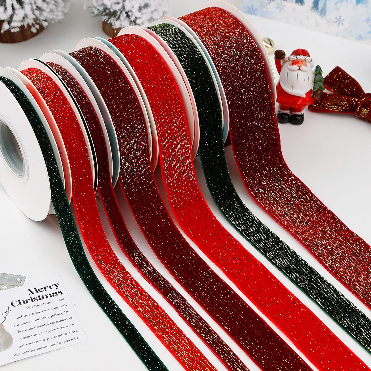 圣诞节织带闪金光植绒丝带天鹅绒新年红色手工蝴蝶结礼品包装饰