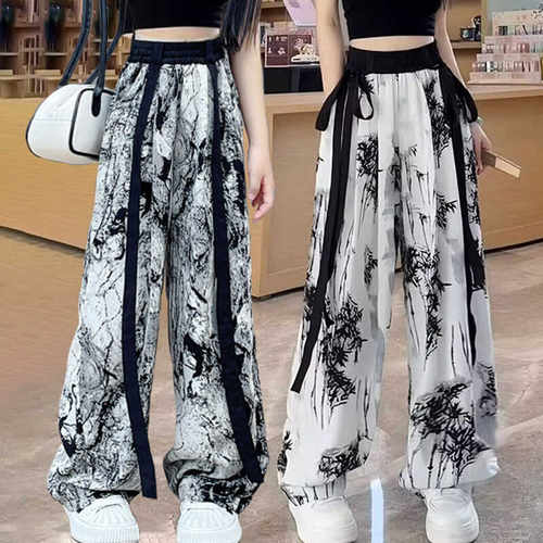 女童新中式裤子2025新款国风水墨画冰丝阔腿裤女孩薄款防蚊长裤夏