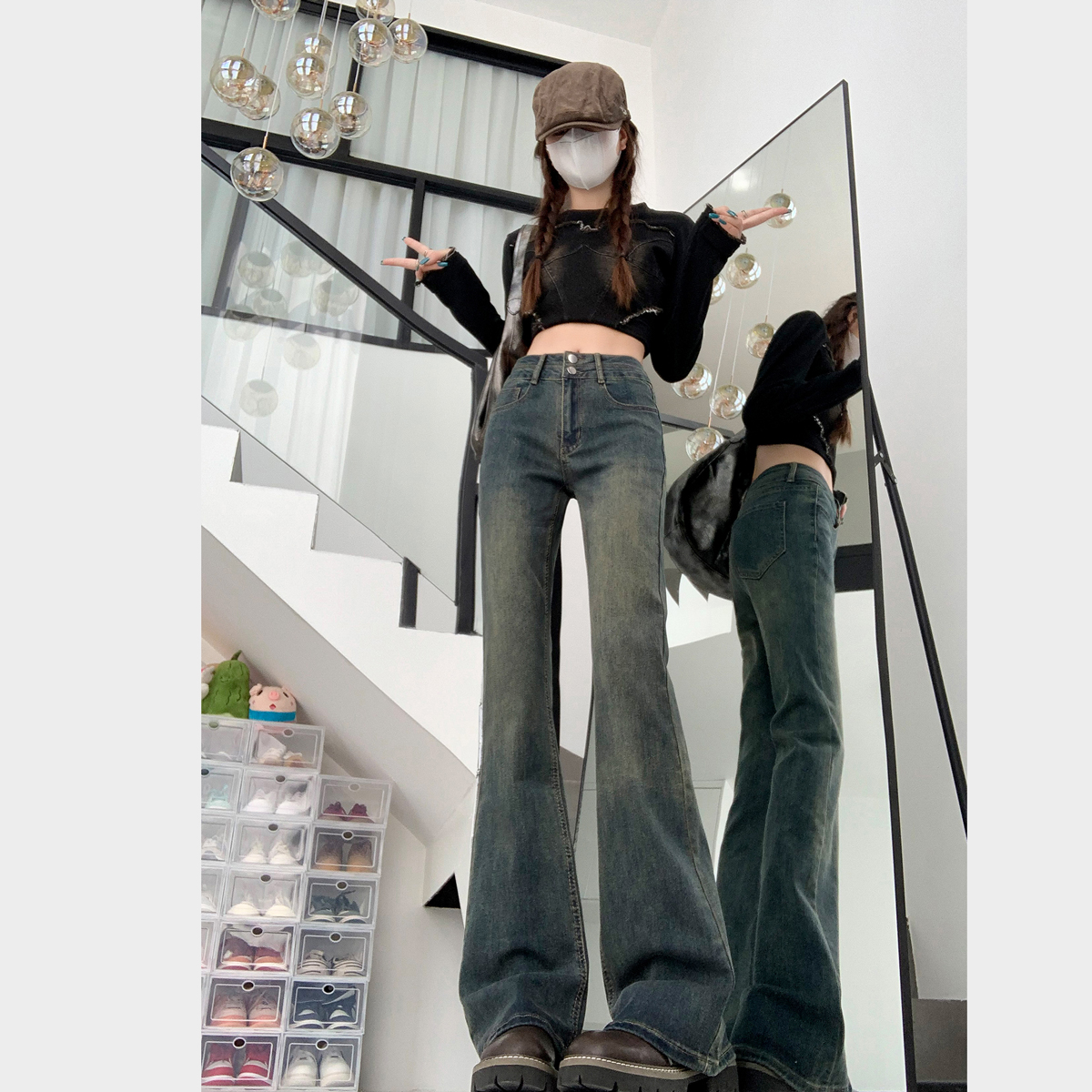 水泥灰高腰微喇牛仔裤女2025年新款显瘦马蹄裤高个子加长喇叭裤春