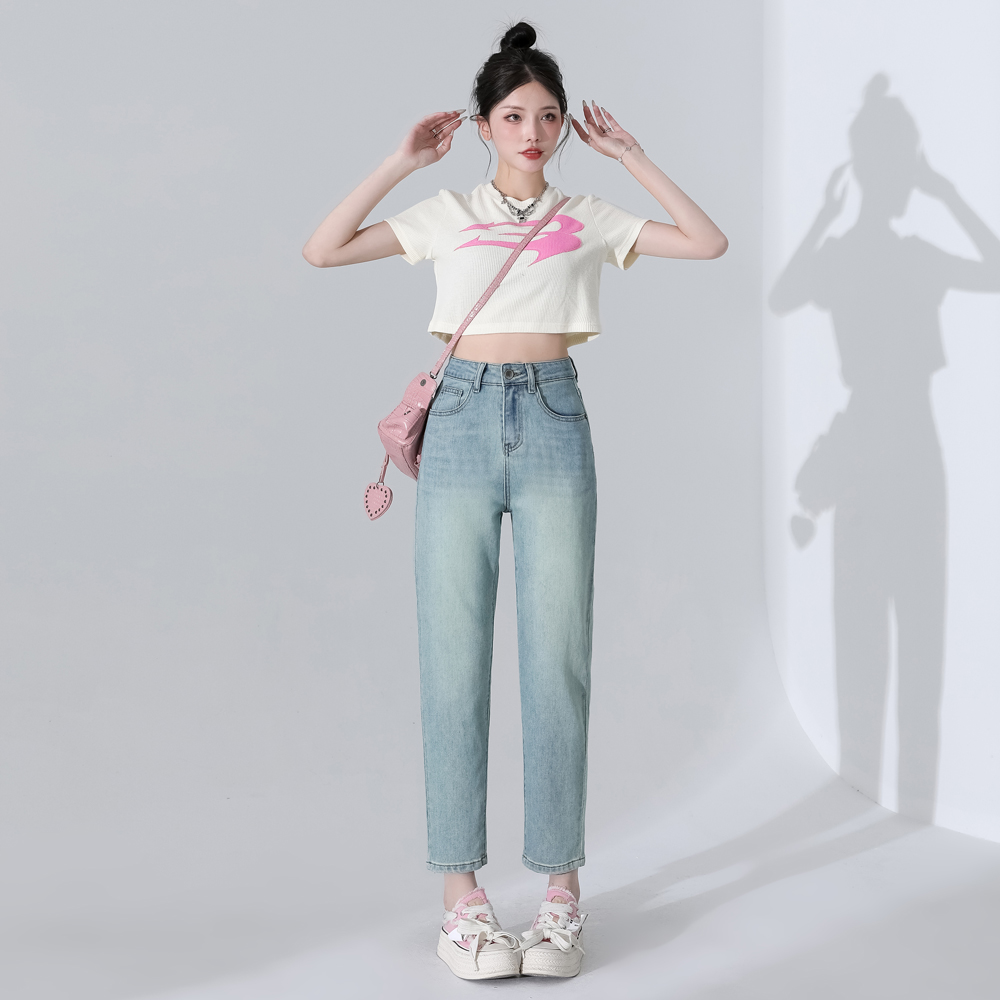 哈伦牛仔裤女春款2025年新款爆款高腰胖mm显瘦九分萝卜浅色老爹裤