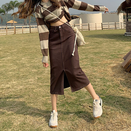 高腰侧开叉牛仔半身裙女夏季2025新款辣妹显瘦长裙弹力包臀a字裙