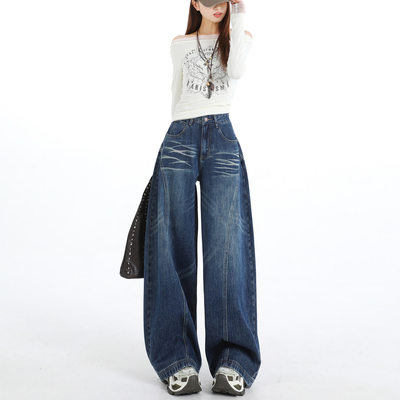 阔腿牛仔裤女秋冬复古美式弯刀裤